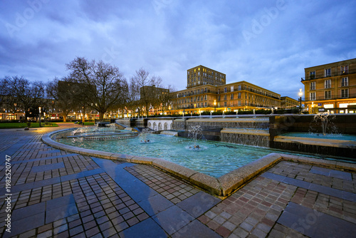 Modernist residential blocks overlooking central gardens and fountains in Le Havre, Auguste Perret UNESCO architecture, Normandy, France