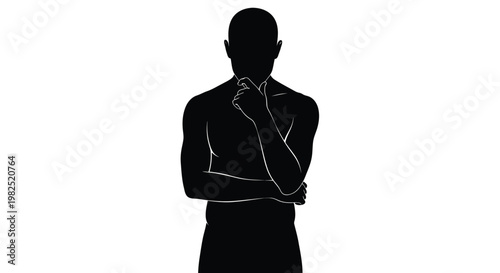 Professional vector illustration of a thoughtful man standing with his hand on his chin representing deep intellectual focus contemplation strategy and critical thinking business concept design