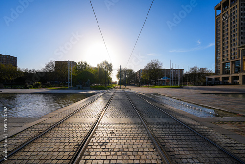Modern tramway tracks on the paved City Hall Square of Le Havre in Normandy, France