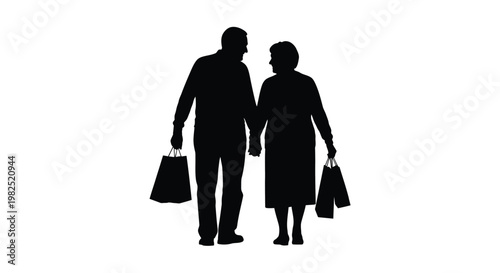 A heartwarming vector illustration graphic featuring an elderly couple holding hands and happily walking together with their shopping bags after a successful retail therapy excursion.