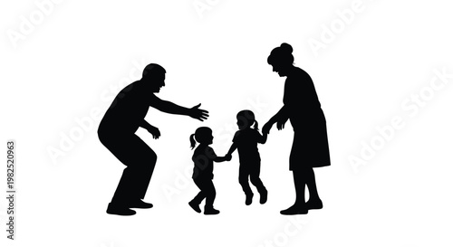 Silhouette vector illustration of loving grandparents playing and holding hands with their two energetic young grandchildren in a joyful moment of connection and family fun time