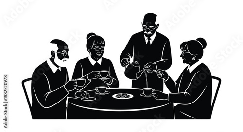 Elegant vector graphic illustration featuring a group of senior citizens enjoying a social gathering with warm cups of tea around a small round dining table