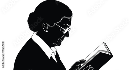 Elegant vector graphic illustration featuring a senior woman wearing stylish glasses while deeply focused on reading an open book in a minimalist black and white style