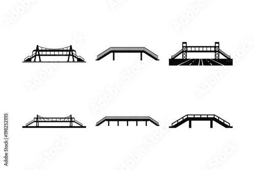 Urban pedestrian overhead bridge architecture set silhouette