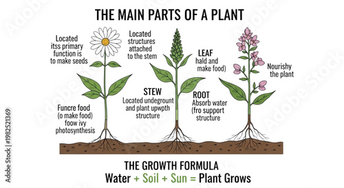 Educational Plant Anatomy Infographic Illustrating Main Parts Root Stem Leaf Flower and Essential Growth Formula for Biology