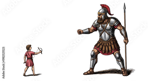 Brave Boy with Bow Faces Giant Warrior Overcoming Business Challenges Strategic Competition and Unfair Odds