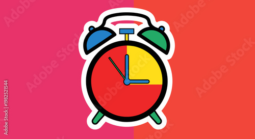 Colorful cartoon alarm clock face.