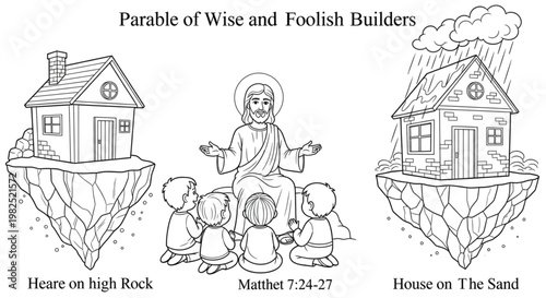 Teacher Explaining Wise and Foolish Builders Bible Story to Kids Christian Education Coloring Page