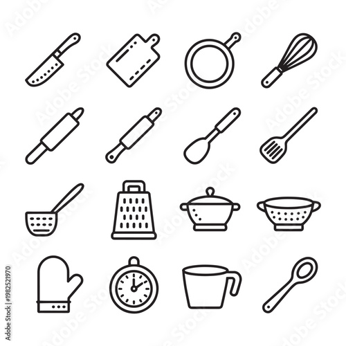 Kitchen cooking utensil outline icon set for recipe apps, culinary education platforms, restaurant menu design, and food blog projects