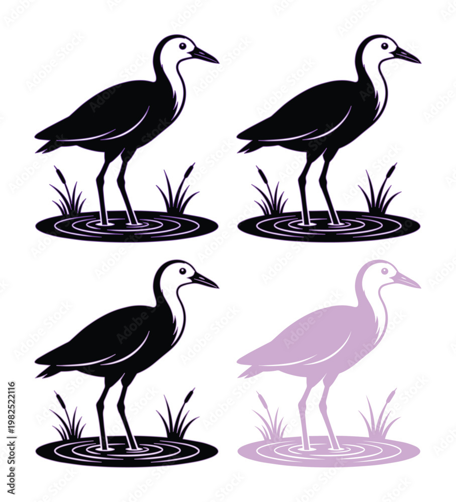 Naklejka premium Minimalist heron bird silhouette icons, set of 4 vector crane illustrations in marsh water, elegant wading bird logo symbols for nature branding