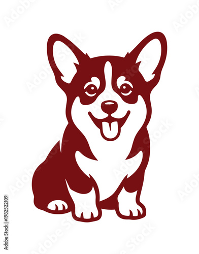 Minimalist corgi dog vector illustration, cute welsh corgi puppy sitting with happy expression, maroon red pet silhouette icon on white background