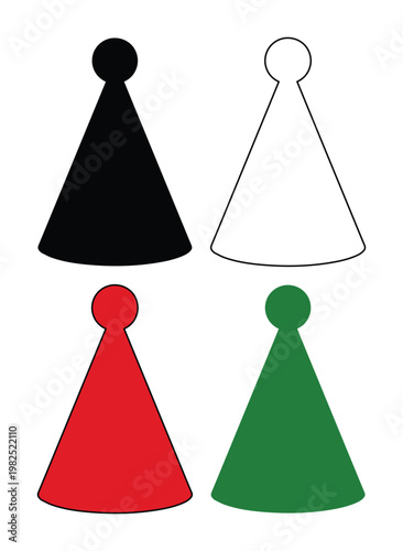 Minimalist board game pawn set, 4 colorful game piece icons, flat vector board game tokens in black, white, red, and green for tabletop gaming
