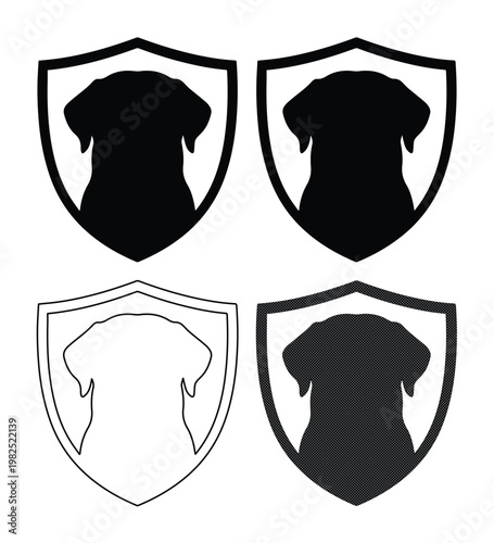 Dog head silhouette shield icons, black canine pet security logo set, 4 vector animal protection crests for veterinary or kennel branding