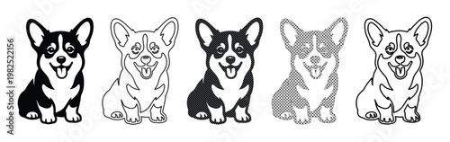 Corgi dog vector icons set, cute welsh corgi puppy illustrations in black and white, minimalist canine line art collection for pet branding