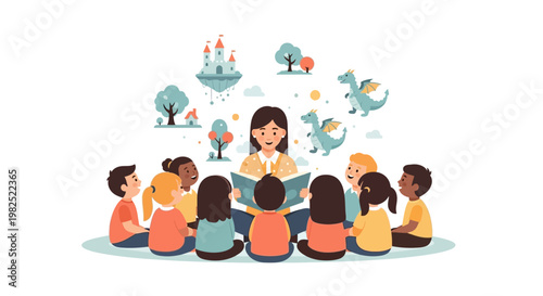 A vector illustration shows a diverse group of children sitting in a circle around a woman who is reading a book, with colorful fairytale-themed graphics floating above them