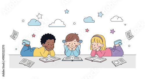 A colorful vector illustration depicts three cheerful children lying side-by-side reading books, set against a clean white background with floating clouds and stars, conveying a joyful