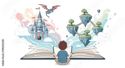 A young child sits cross-legged reading a large open book, from which a fantasy world with a castle, dragon, and floating islands emerges in a colorful illustration on a clean white