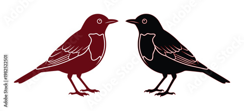 Minimalist bird silhouettes in burgundy and black, stylized robin or thrush vector icons, elegant avian nature illustrations for logo design