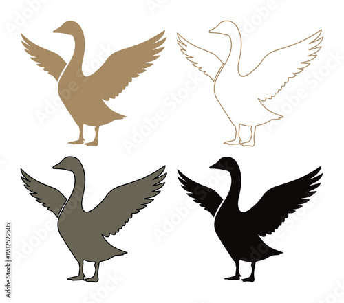 Minimalist goose silhouette vector set, elegant swan and waterfowl icons, 4 bird elements in black and gold colors for logo design and branding