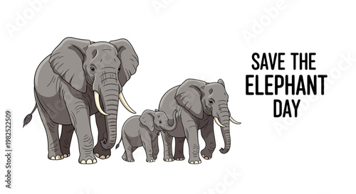 A digitally illustrated vector graphic promotes Save the Elephant Day, displaying an elephant family, featuring a mother, father, and baby elephant walking together, set against a clean