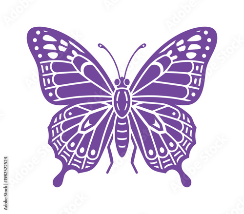 Purple butterfly vector illustration, decorative monarch butterfly icon with ornate wing patterns, elegant insect silhouette for nature branding