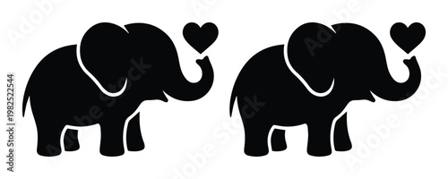 Minimalist elephant silhouette with heart, cute baby elephant vector icons, black animal graphics for nursery decor and wedding invitations