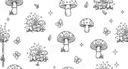 Black and white mushroom and butterfly pattern for design and decoration