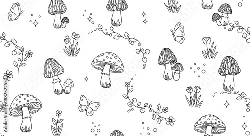 Black and white mushroom and butterfly pattern for textiles and design