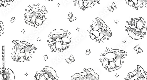 Black and white mushroom and butterfly pattern on a white background
