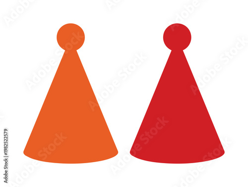 Minimalist board game pieces vector, orange and red plastic game pawns, tabletop gaming player icons isolated on white background