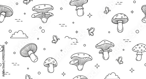 Black and white mushroom pattern with butterflies and clouds on white background