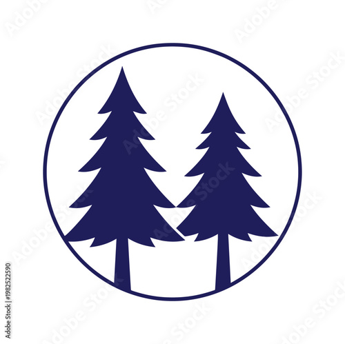 Minimalist pine tree logo vector, navy blue evergreen forest silhouettes in a circle, outdoor adventure and camping emblem for branding