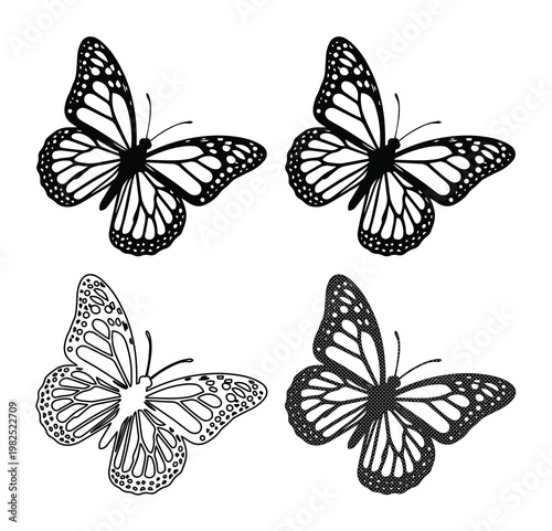 Monarch butterfly vector set, black butterfly silhouettes and line art icons, collection of 4 butterfly elements for nature design and tattoos