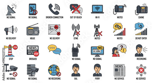 Set of colorful communication failure icons with red cross symbols, depicting no signal, broken connection, muted, and unavailable services, illustrating a modern graphic design