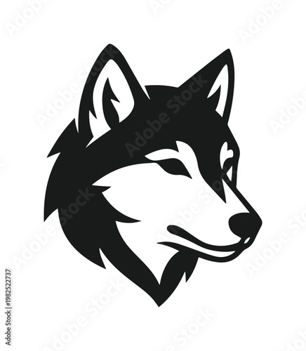 Minimalist wolf head vector logo, black and white husky dog mascot icon, stylized wild animal profile for sports branding and outdoor apparel