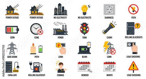 Set of flat vector illustrations depicting power outages, blackouts, energy failures, and related issues with houses, buildings, light bulbs, clocks, and warning signs.