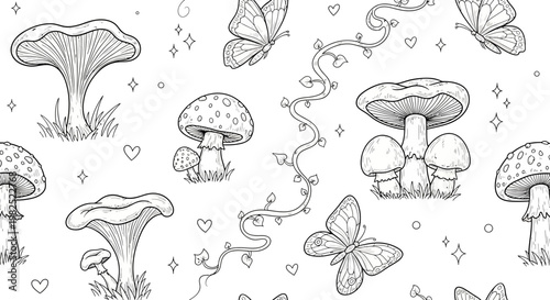 Black and white whimsical pattern of mushrooms butterflies and plants