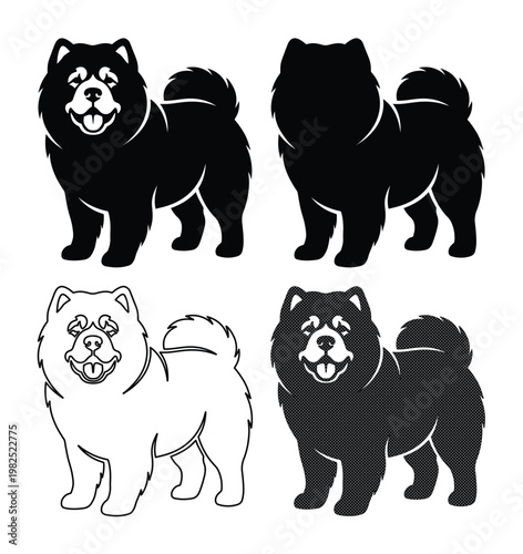 Chow Chow dog vector silhouettes, fluffy purebred dog breed illustrations, black and white canine pet graphics for logo design and branding