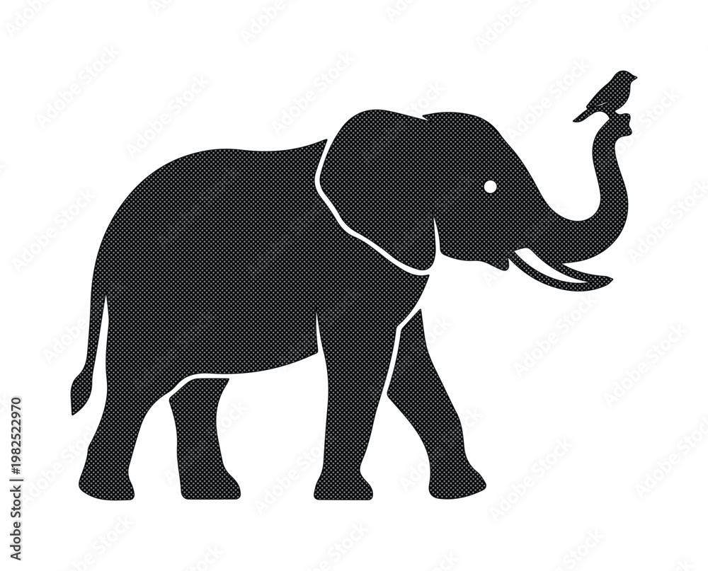 Obraz premium Minimalist elephant silhouette with bird on trunk, black and white wildlife vector icon, simple animal logo design for branding and conservation