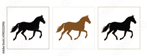 Galloping horse silhouettes in black and brown, set of 3 equestrian vector icons, minimalist stallion profile graphics for ranch and farm branding