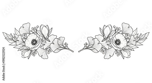 Elegant botanical illustration floral arrangement in black and white outline