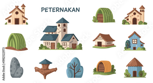 Charming, colorful farm buildings and elements, showcasing rural architecture, featuring houses, barns, and natural objects, rendered in a delightful, flat illustration style,