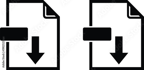 file download icon, document transfer symbol, digital data saving concept, black vector illustration, simple flat design, isolated graphic