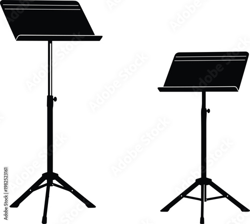 music stand icon set, adjustable sheet holder illustration, black vector design, orchestra equipment symbol, minimal flat style, isolated graphic