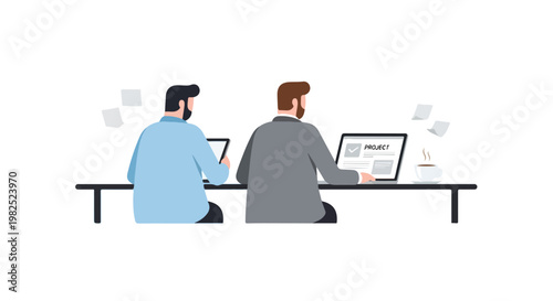 Two men with beards sit at a long black table working on projects using a tablet and laptop in a minimalist office vector illustration.