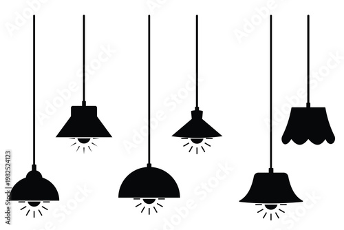 Ceiling lamp icon vector. Modern interior lighting silhouette. Set of glowing hanging lamps vector. Vector illustration.