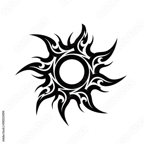 A black tribal sun tattoo design with sharp, flame-like rays emanating from a central circle.