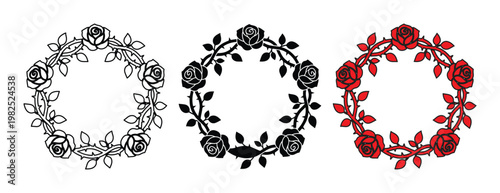 Bilde på lerret Vintage rose wreath vector set, floral circular border with thorny vines, elegan