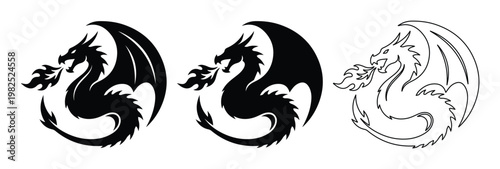 Fire breathing dragon silhouette set, mythical creature vector icons, black and white fantasy dragon logo collection for gaming and branding