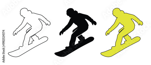Snowboarder silhouette vector set, minimalist winter sports athlete icons, black and yellow snowboarding figures for extreme sports design